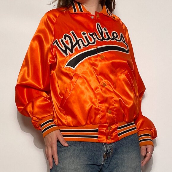Vintage 1980s Orange & Black "Whirlies" Satin Bomber! Medium to Large - Picture 8 of 11